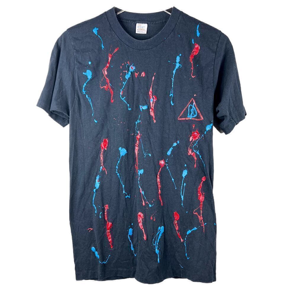 Vintage HANCO Black Handpainted Womens T-Shirt Blue & Red Paint Size L‎